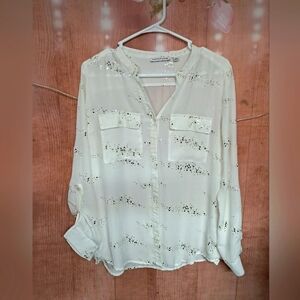 Notations white button down blouse with gold dots size medium